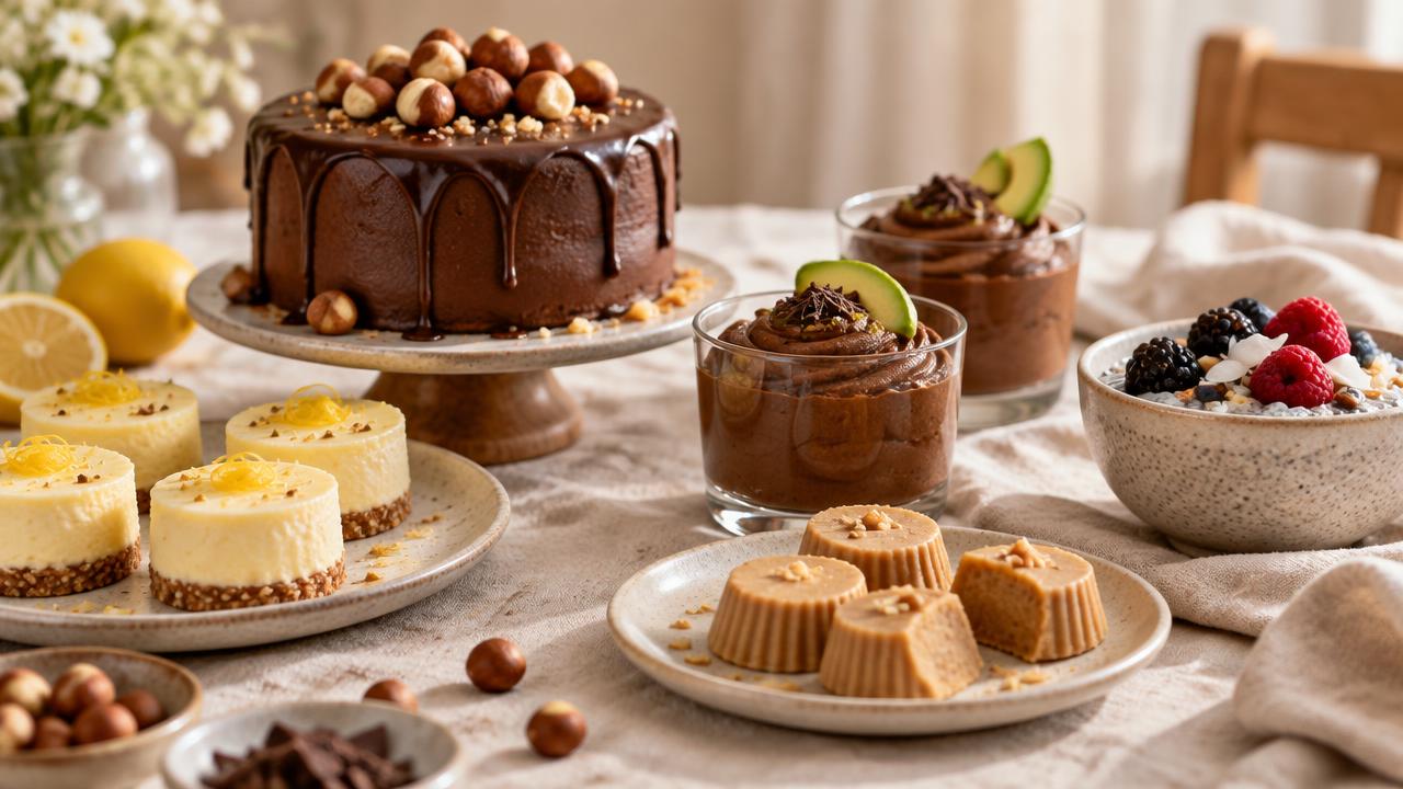 Assorted keto desserts on linen: chocolate ganache cake, lemon cheesecake bites, avocado mousse, peanut butter fat bombs and berry chia pudding